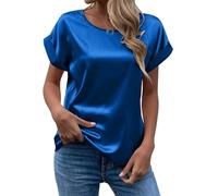 OutFyt Haut Femme Chemisier en Satin pour Femme, Chemise D'Été À Manches Courtes pour Dames, Col Rond, Couleur Unie, Basique, Décontracté, pour Sortir, Bureau, Travail, Bleu, XL