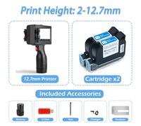 OUTFYT Imprimante Jet d'encre Portable 12,7/25,4 mm for Codage de Codes QR, numéros lot et Dates péremption - 25 Langues,Multi-Surface(2 Cartridges-12.7mm)