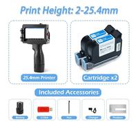 OUTFYT Imprimante Jet d'encre Portable 12,7/25,4 mm for Codage de Codes QR, numéros lot et Dates péremption - 25 Langues,Multi-Surface(2 Cartridges-25.4mm)