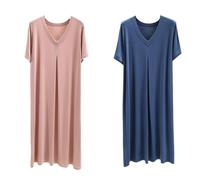 OutFyt Liquette De Nuit Femme 2Pack Dames Chemise De Nuit À Manches Courtes, Femmes Nuisettes Couleur Unie Col en V Chemise De Nuit en Modal Doux Vêtements De Nuit D'Été Rose, Bleu XL