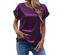 OutFyt Tee Shirt Femme Chemisier en Satin pour Femme, Chemise D'Été À Manches Courtes pour Dames, Col Rond, Couleur Unie, Basique, Décontracté, pour Sortir, Bureau, Violet Foncé, XL