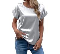 OutFyt Tee Shirt Femme Chemisier en Satin pour Femme, Chemise D'Été À Manches Courtes pour Dames, Col Rond, Couleur Unie, Basique, Décontracté, pour Sortir, Bureau, Gris, M