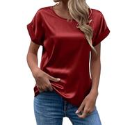 OutFyt Tshirt Femme Chemisier en Satin pour Femme, Chemise D'Été À Manches Courtes pour Dames, Col Rond, Couleur Unie, Basique, Décontracté, pour Sortir, Bureau, Rouge Vin, 3XL