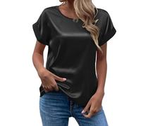 OutFyt Tshirt Femme Chemisier en Satin pour Femme, Chemise D'Été À Manches Courtes pour Dames, Col Rond, Couleur Unie, Basique, Décontracté, pour Sortir, pour Le Travail Au Bureau, Noir, L