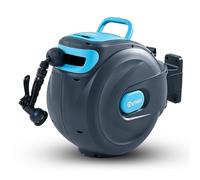 OUTIGO Enrouleur Tuyau Arrosage Mural 25m, Rembobinage Auto avec Verrou et Support Pivotant 180°, Dévidoir de Tuyaux d'Eau avec Buse à 8 Modèles pour Arroser le Jardin et Nettoyer la Voiture