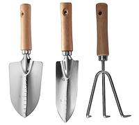 Outil de jardinage en 3 pièces avec manche en bois, petite pelle en acier, outils de jardin japonais, composé d'une pelle large, d'une pelle à pointe et d'un râteau à trois dents