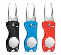 Outil de Réparation de Divot de Golf, 3 Pack Golf RelEve-Pitch Outil Pliable Fourche de Golf Tool avec Marqueur De Balle MagnEtique, Mini Outil Leger Portable pour Club Golf Sports en Plein Air