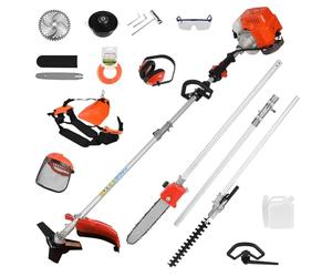 Outil Multifonction à Essence 5-en-1, Tondeuse combinée Gazon, débroussailleuse et scie Perche, équipée d'un Puissant Moteur de 52 cm³, idéal pour Les Jardins, Haies Moins Orange