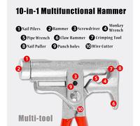 Outil multifonction de poche pour marteau 10 en 1, outil multi-usage avec marteau de charpentier, tournevis, pince à clous/extracteur de tuyau, clé à singe, coupe-fil pour les urgences de camping