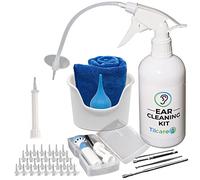 Outil nettoyant d’oreille avec aspirateur nettoyant auriculaire de Tilcare - Système de rinçage - Comprend aussi cuvette, seringue à ampoule, trousse de curette, serviette et 33 embouts jetables