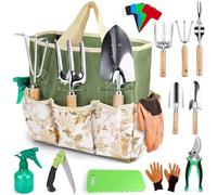 Outillage de Jardin, 12 Pièces Ensemble de Jardinage en Acier Inoxydable avec Rangement Outils Jardin, avec Poignée de Bois, Griffe, Fourche, Pelle Jardinage, Cadeaux pour Les Femmes et Les Hommes