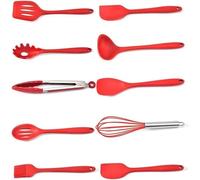 Outils de cuisine, Chef Kitchen Utensils 10 pièces ensemble d'ustensiles de cuisine antiadhésif résistant à la chaleur sans BPA Silicone poignée en acier inoxydable outils cuisson fouet Ki(Red)