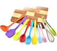 Outils de cuisine, Ustensiles de cuisine arc-en-ciel colorés, ensemble d'ustensiles 10 pièces, silicone antiadhésif résistant à la chaleur, batterie avec poignée en acier inoxydable Co