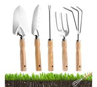 Outils de Jardin à Main,5 Pièces Râteau en Acier Inoxydable Robuste avec Manches en Bois - Ensemble de Cinq Pièces pour Jardin Extérieur Serre,pour Fleurs de Printemps Serre Creusage Arrosage