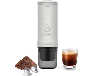 Outin Nano machine à expresso électrique portable avec auto-chauffage de 3 à 4 minutes, 20 bar, mini cafetière de voiture 12 V 24 V, compatible avec capsules NS et café moulu (blanc perle)