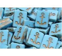 Outlet 10 Grams Table Cut Rectangle Beads with Anchor, 18 x 12 mm, Turquoise Blue Dirty Gold (63030-04302), Glass, Czech Republic (18 x 12 mm)