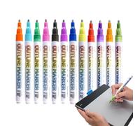 Outline Markers - 12 Shades Glitter Ink Set, Double Line Art Pen Collection, Drawing Tool, Colorful Writing Accessory | with Fine Tip for Children Teenagers School Holiday Card Making Crafts