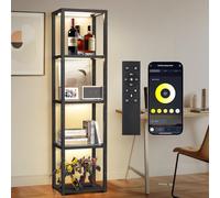 OUTON 170 cm Vitrine en Verre avec Éclairage, Lampadaire LED à Intensité Réglable avec Télécommande et Application, Étagère Ouverte pour Objets de Collection, Salon, Chambre, Noir