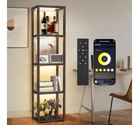 OUTON 170 cm Vitrine en Verre avec Éclairage, Lampadaire LED à Intensité Réglable avec Télécommande et Application, Étagère Ouverte pour Objets de Collection, Salon, Chambre, Noyer