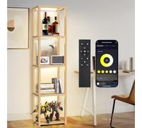 OUTON 170 cm Vitrine en Verre avec Éclairage, Lampadaire LED à Intensité Réglable avec Télécommande et Application, Étagère Ouverte pour Objets de Collection, Salon, Chambre, Bois