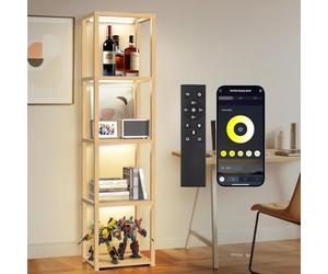 OUTON 170 cm Vitrine en Verre avec Éclairage, Lampadaire LED à Intensité Réglable avec Télécommande et Application, Étagère Ouverte pour Objets de Collection, Salon, Chambre, Bois