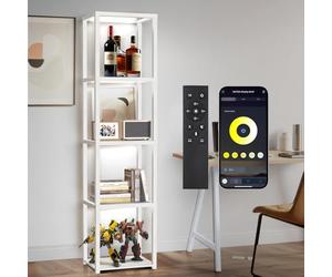 OUTON 170 cm Vitrine en Verre avec Éclairage, Lampadaire LED à Intensité Réglable avec Télécommande et Application, Étagère Ouverte pour Objets de Collection, Salon, Chambre, Blanc