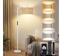 OUTON Lampadaire sur Pied en Rotin, Lampadaire Arc Boho avec App, Télécommande et Commande Tactile, 4 Températures de Couleur, 2 Abat-jours, 12W Lampadaires Vintage pour Salon, Chambre, Bureau, Blanc