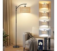 OUTON Lampadaire sur Pied en Rotin, Lampadaire Arc Boho avec App, Télécommande et Commande Tactile, 4 Températures de Couleur, 2 Abat-jours, 12W Lampadaires Vintage pour Salon, Chambre, Bureau, Noir