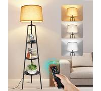 OUTON Lampadaire Trépied, 3 Étagères, Télécommande, Noir | Salon LED Dimmable, 4 Températures de Couleur, Abat-jour en Lin Beige, Chambre, Bureau