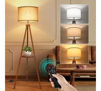 OUTON Lampadaire Trépied avec Étagères, Lampadaire Moderne LED Dimmable avec Télécommande, 4 Températures de Couleur, Lampe sur Pied en Bois avec Abat-jour en Lin Beige pour Salon, Chambre à Coucher