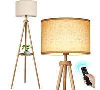 OUTON Lampadaire Trépied avec Étagères, LED Dimmable, Bois | Télécommande, 4 températures de couleur, bois, abat-jour en lin beige, salon, chambre
