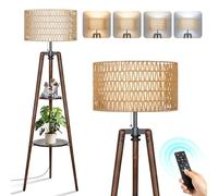 OUTON Lampadaire Trepied Bois Dimmable, Lampe sur Pied Soutien 4 Temperatures de Couleur et Fonction Memoire, Lampadaire Rotin Etagere avec Abat-Jour en Lin, pour Salon et Chambre a Coucher (Noyer)