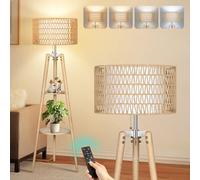 OUTON Lampadaire Trepied Bois Dimmable, Lampe sur Pied Soutien 4 Temperatures de Couleur et Fonction Memoire, Lampadaire Rotin Etagere avec Abat-Jour en Lin, pour Salon et Chambre a Coucher (Bois)