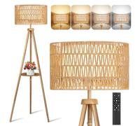 OUTON Lampadaire Trépied en Bois Massif avec Doubles Abat-Jour en Rotin & Lin, Télécommande, Dimmable & 4 Températures de Couleur, Lampadaire Boho avec Étagères pour Salon, Chambre, Bureau