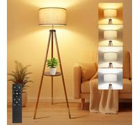 OUTON Lampadaire Trépied, Moderne Dimmable Lampadaires avec Télécommande, 4 Températures de Couleur, 1H Minuterie, Lampe sur Pied en Bois avec Abat-jour en Lin pour Salon, Chambre, Bureau(Noyer Doré)
