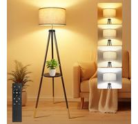 OUTON Lampadaire Trépied, Moderne Dimmable Lampadaires avec Télécommande, 4 Températures de Couleur, 1H Minuterie, Lampe sur Pied en Bois avec Abat-jour en Lin pour Salon, Chambre, Bureau(Noir Doré)