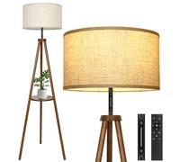 OUTON Lampadaire Trépied, Moderne Dimmable Lampadaires avec Télécommande et Commande Tactile, 4 Températures de Couleur, 1H Minuterie, Lampe sur Pied en Bois avec Abat-jour en Lin pour Chambre, Salon