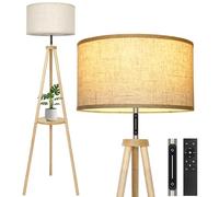 OUTON Lampadaire Trépied, Moderne Dimmable Lampadaires avec Télécommande et Commande Tactile, 4 Températures de Couleur, 1H Minuterie, Lampe sur Pied en Bois avec Abat-jour en Lin pour Chambre, Salon