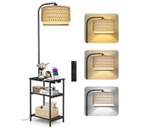 OUTONLIFE Lampadaire sur Pied avec Table d’Appoint et Abat-jour en Rotin, Lampe de Salon Dimmable à 3 Températures, Télécommande, Station de Charge, LED 12W et Étagères pour Salon ou Chambre