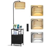 OUTONLIFE Lampadaire sur Pied avec Table d’Appoint et Abat-jour en Rotin, Lampe Dimmable à 3 Températures, Télécommande, Ports USB, LED 12W, 2 Tiroirs en Tissu, pour Salon ou Chambre