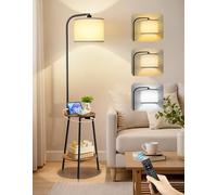 OUTONLIFE Lampadaire sur Pied avec Table d’Appoint, LED Dimmable avec Télécommande, 3 Températures de Couleur, Table avec Charge USB et Étagère pour Salon Chambre (Marron Rustique Rond)