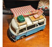 OUTOUR Modèle de camping-car bleu vintage - Camper rétro en métal avec toit en tissu - Figurine décorative de bus peinte à la main pour la maison, le bar, le café, le bureau, les accessoires photo ou