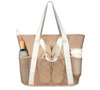 Outplea Sac de plage XXL de 30 l avec fermeture éclair, grand sac de bain en maille, imperméable, résistant au sable, sac de natation pour femme, pour plage, voyage, vacances, shopping et vie