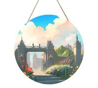 Outside The Castle Gate Round Wood Panel Painting 30,5 cm Exquise Artwork Wood Respectueux de l'environnement Un choix élégant pour la décoration de la maison.