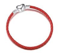 OutstandLong Bracelet à breloques en cuir 3 mm avec fermoir à pression en forme de cœur tressé fait à la main pour perles Pandora européennes Plusieurs tailles 16-21 cm, 5.9, Cuir, argenté, Base