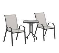 Outsunny 3 pièces Salon de Jardin extérieur, Ensemble de Meubles 2 fauteuils empilables, Table Basse avec Dessus en Verre trempé, Tissu en textilène, pour Patio, terrasse, Balcon, Gris Clair