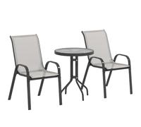 Outsunny – Salon de jardin 3 pièces – 2 fauteuils empilables, table verre trempé, textilène, gris clair