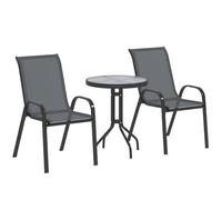 Outsunny 3 Pièces Salon de Jardin Extérieur Fauteuils Empilables Gris Foncé | 2 Fauteuils, Table Basse, Dessus en Verre Trempé, Tissu Textilène, 2 Personnes, Balcon, Patio, Terrasse