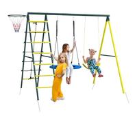 Outsunny 4-en-1 Balançoire nid extérieur pour Enfants 3-8 Ans Jaune | Balançoire simple, filet d'escalade, panier de basket, échelle, capacité 160kg, aire de jeux pour enfants