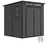 Outsunny Abri de jardin 2,89 m² en PP et aluminium avec plancher, remise de jardin pour outils avec double porte verrouillable, prises d'air, 3 fenêtres, toit incliné, gants, gris foncé